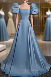 A-Line Satin Blue Long Evening Prom Dresses, Blue Long Evening Dresses