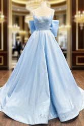A-Line Satin Blue Long Evening Prom Dresses, Blue Long Graduation Dresses
