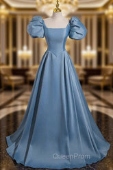 A-Line Satin Blue Long Evening Prom Dresses, Blue Satin Long Evening Dresses