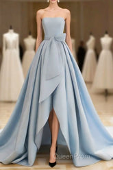 A-Line Satin Blue Long Evening Prom Dresses, Blue Satin Long Evening Dresses