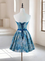 A-Line Satin Blue Short Evening Prom Dresses, Blue Homecoming Dresses