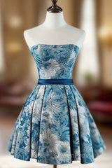 A-Line Satin Blue Short Evening Prom Dresses, Blue Homecoming Dresses