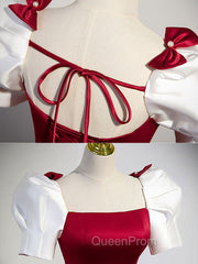 A-Line Satin Burgundy Long Evening Prom Dresses, Puffy Sleeve Evening Dresses