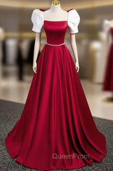 A-Line Satin Burgundy Long Evening Prom Dresses, Puffy Sleeve Evening Dresses