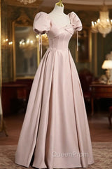 A-Line Satin Floor Length Pink Corset Evening Prom Dresses, Off the Shoulder Evening Dresses
