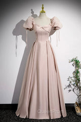 A-Line Satin Floor Length Pink Corset Evening Prom Dresses, Off the Shoulder Evening Dresses