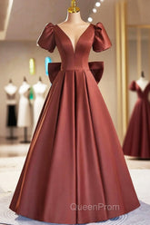 A-Line Satin Floor Length Evening Prom Dresses, Elegant Short Sleeve Evening Party Dresses