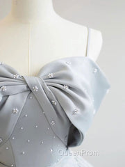 A-Line Satin Gray Long Evening Prom Dresses, Gray Long Evening Dresses