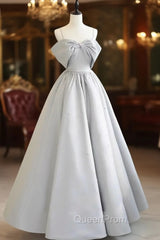 A-Line Satin Gray Long Evening Prom Dresses, Gray Long Evening Dresses