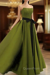 A-line Satin Green Long Party Dresses Evening Dresses, Green Long Evening Dresses Evening Prom Dresses