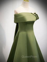 A-Line Satin Green Long Evening Prom Dresses, Green Evening Dresses