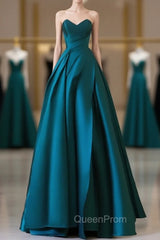 A-Line Satin Green Long Evening Prom Dresses, Green Satin Long Evening Dresses