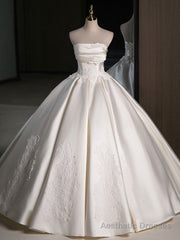 A-Line Satin Lace ivory Long Wedding Dress, Lace Weeding Party Dress