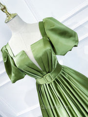 A line Satin Long Green Evening Prom Dresses, Green Evening Graduation Dresses