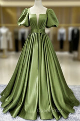 A line Satin Long Green Evening Prom Dresses, Green Evening Graduation Dresses