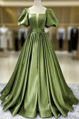 A line Satin Long Green Evening Prom Dresses, Green Evening Graduation Dresses