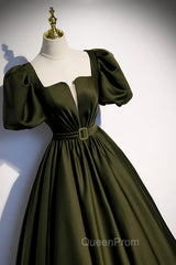 A-Line Satin Long Evening Prom Dresses, Dark Green Short Sleeve Evening Graduation Dresses