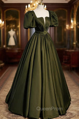 A-Line Satin Long Evening Prom Dresses, Dark Green Short Sleeve Evening Graduation Dresses
