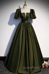 A-Line Satin Long Evening Prom Dresses, Dark Green Short Sleeve Evening Graduation Dresses