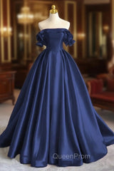 A-Line Satin Long Evening Prom Dresses, Elegant Off The Shoulder Evening Party Dresses