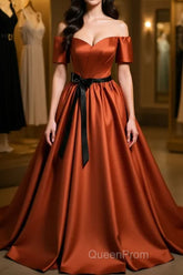 A-Line Satin Orange Long Evening Prom Dresses, Orange Formal Evening Dresses