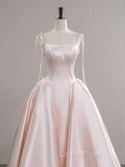 A-Line Satin Pink Champagne Long Evening Prom Dresses, Pink Champagne Long Formal Dresses