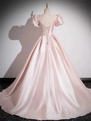 A-Line Satin Pink Quinceanera Dresses Long Evening Prom Dresses With Bows Short Sleeves