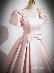A-Line Satin Pink Quinceanera Dresses Long Evening Prom Dresses With Bows Short Sleeves