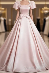 A-Line Satin Pink Quinceanera Dresses Long Evening Prom Dresses With Bows Short Sleeves