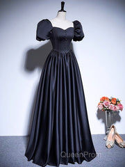 A-Line Satin Puff Sleeves Black Long Evening Prom Dresses, Black Long Evening Dresses