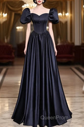 A-Line Satin Puff Sleeves Black Long Evening Prom Dresses, Black Long Evening Dresses
