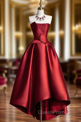 A-Line Satin Short Evening Prom Dresses, Burgundy Strapless High Low Party Dresses