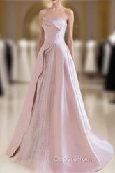 A-Line Satin Tulle Pink Long Evening Prom Dresses, Pink Long Evening Dresses