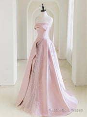 A-Line Satin Tulle Pink Long Prom Dress, Pink Long Formal Dress