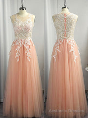 A-line Scoop Appliques Lace Floor-Length Tulle Dress