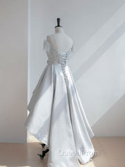 A-Line Scoop Neckline Lace Gray Evening Prom Dresses, High Low Style Satin Evening Dresses