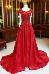 A-Line Scoop Neckline Satin Lace Burgundy Long Evening Prom Dresses, Burgundy Lace Long Evening Dresses