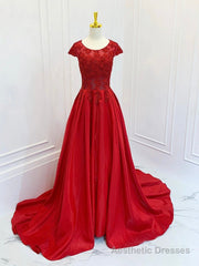 A-Line Scoop Neckline Satin Lace Burgundy Long Prom Dress, Burgundy Lace Long Formal Dress