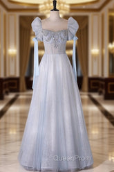 A-Line Scoop Neckline Tulle Light Blue Long Evening Prom Dresses with Beads