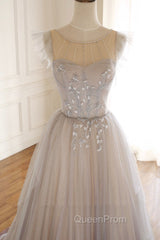 A-Line Scoop Neckline Tulle Long Evening Prom Dresses with Beaded, Evening Party Dresses