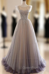 A-Line Scoop Neckline Tulle Long Evening Prom Dresses with Beaded, Evening Party Dresses