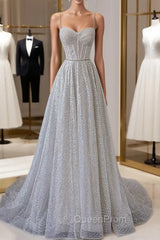 A-Line Sequins Long Evening Prom Dresses, Spaghetti Strap and Corset Evening Dresses