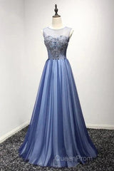 A Line Sheer Neck Rhinestones Long Tulle Evening Prom Dresses Floor Length Beautiful