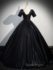 A-Line Short Sleeve Black Satin Long Evening Prom Dresses, Black Long Formal Dresses
