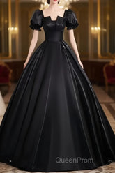 A-Line Short Sleeve Black Satin Long Evening Prom Dresses, Black Long Formal Dresses