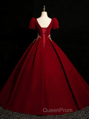 A-Line Short Sleeve Satin Lace Applique Burgundy Long Evening Prom Dresses