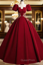 A-Line Short Sleeve Satin Lace Applique Burgundy Long Evening Prom Dresses