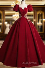 A-Line Short Sleeve Satin Lace Applique Burgundy Long Evening Prom Dresses