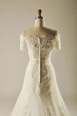 A-Line Short Sleeve Waist Lace Wedding Dresses With Appliques Beading