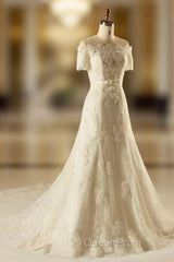 A-Line Short Sleeve Waist Lace Wedding Dresses With Appliques Beading